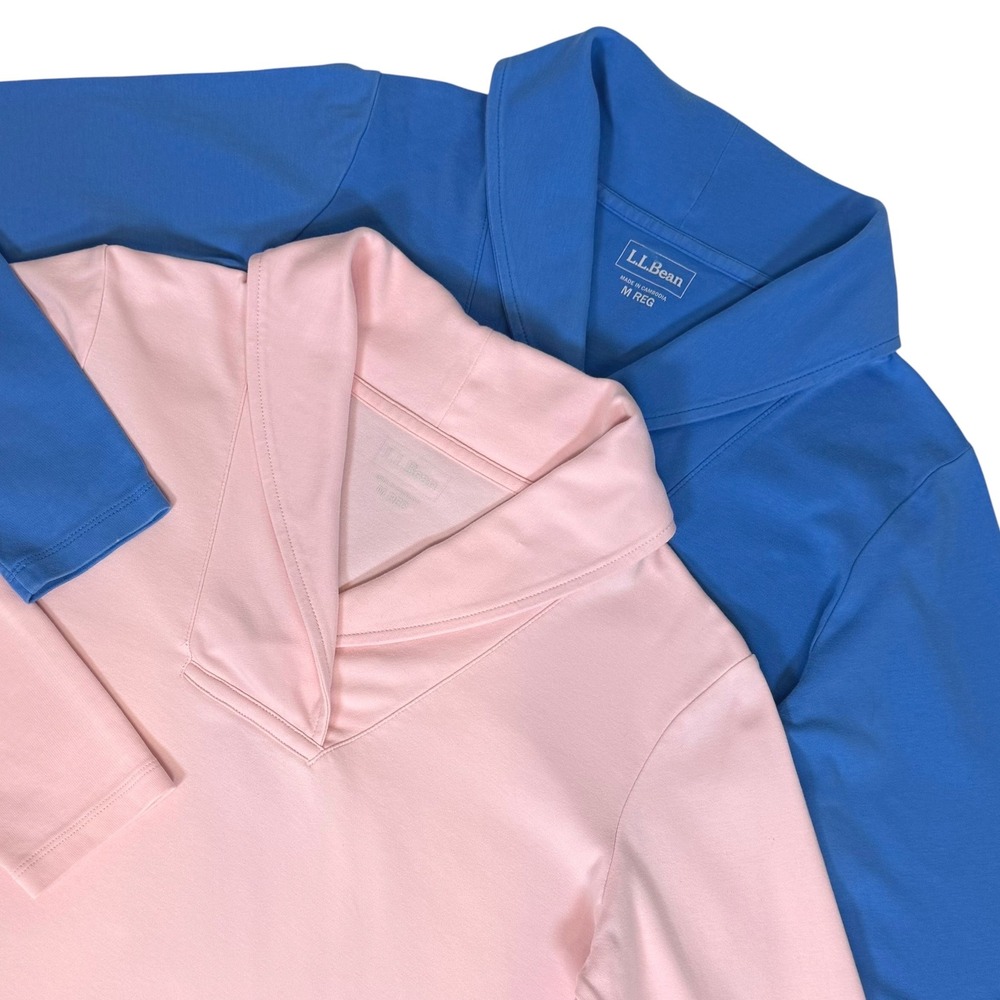 Lot of 2 LL Bean Womens M Regular Shawl Collar Cotton Long Sleeve Tops Pink Blue